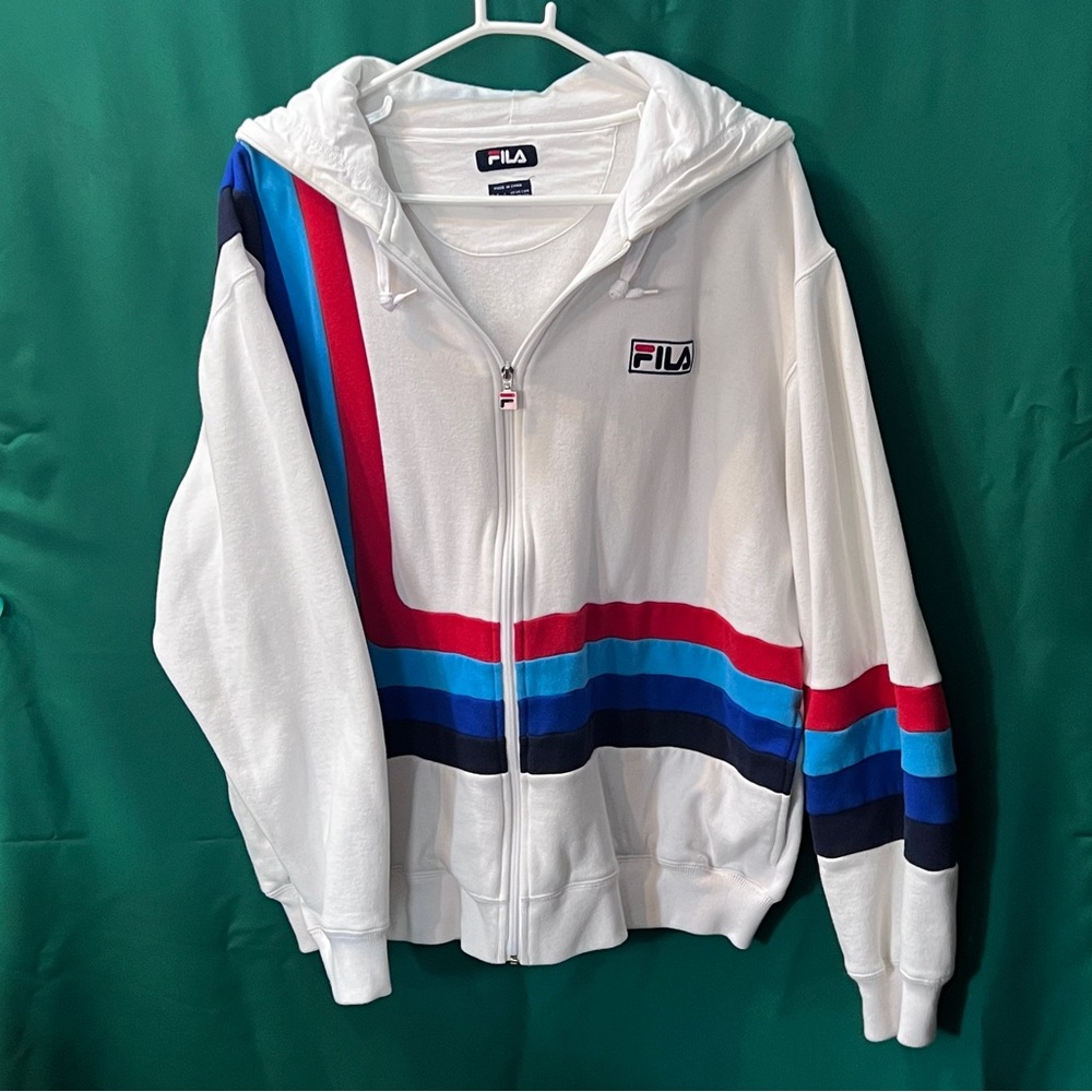 Vintage FILA White Hoodie with Multicolor Stripes Blue & Red Big & Tall XXL